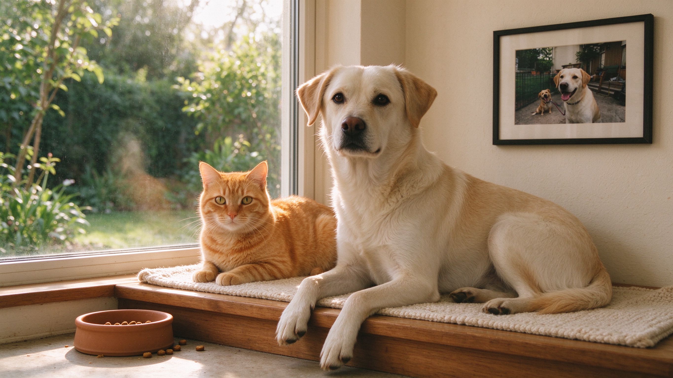 橘猫和拉布拉多犬趴在窗台上，窗外绿意盎然