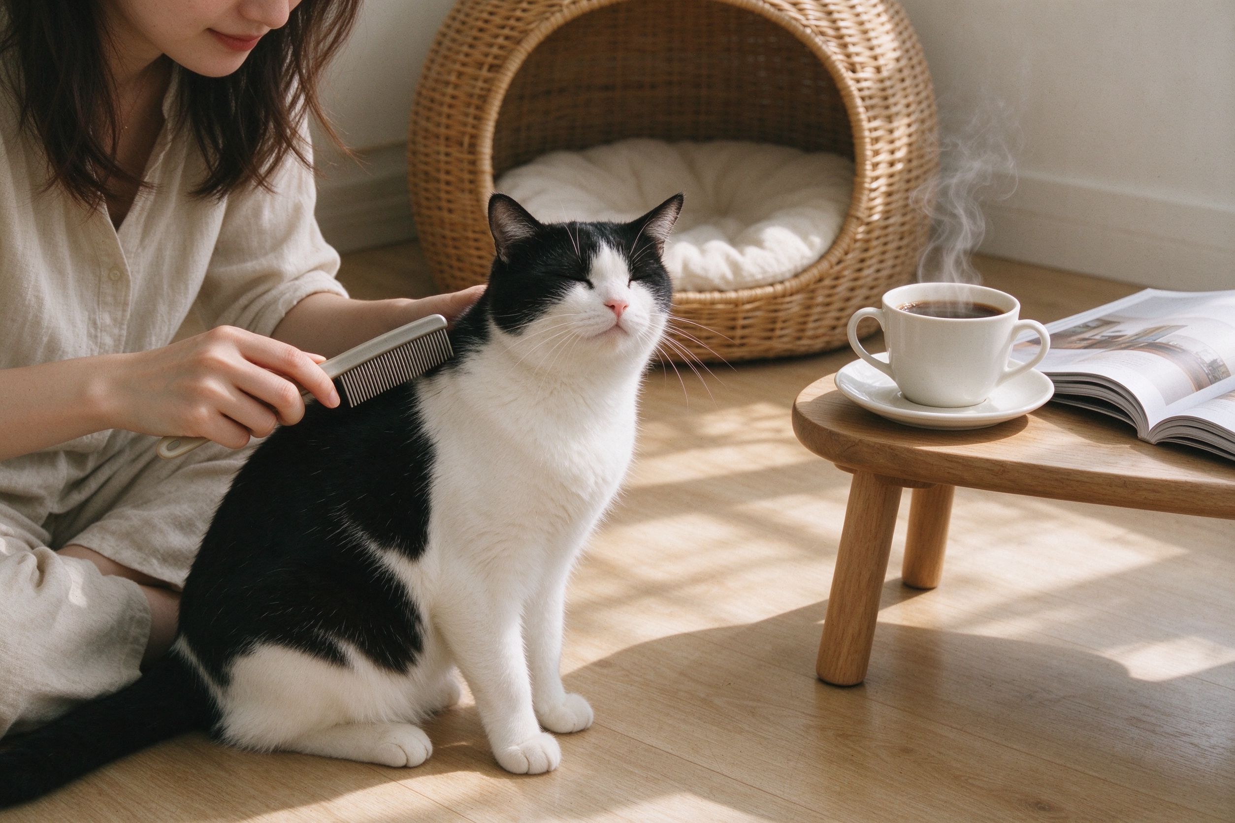 给奶牛猫梳毛的午后时光
